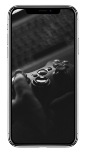 Phone with an image of a gaming remote and someone playing a game.